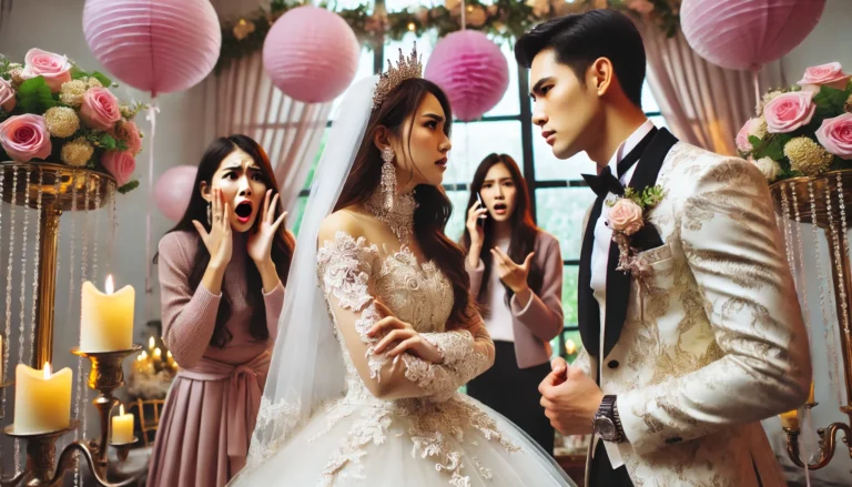 A wedding scene where the bride is arguing with the groom while a bridesmaid looks shocked. The setting is chaotic with wedding decorations around