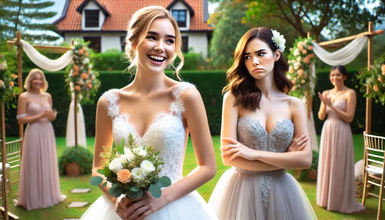 A wedding scene with two women_ a joyful bride in a beautiful white dress, looking happy and radiant, and the Maid of Honor, standing apart with a jealous look