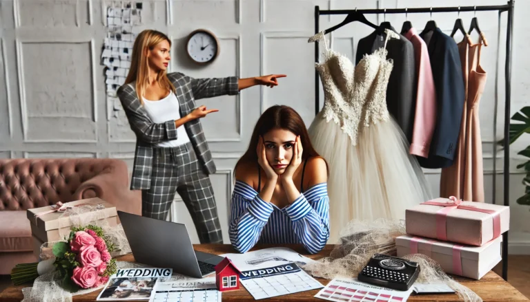 A woman looking stressed and overwhelmed, sitting at a table covered with wedding planning materials.