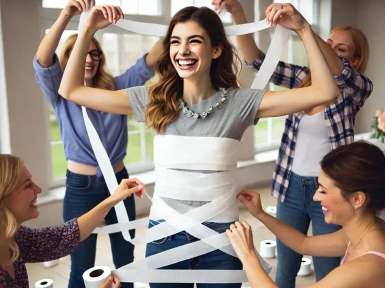 Having fun playing the Toilet Paper Dress game at a bridal shower
