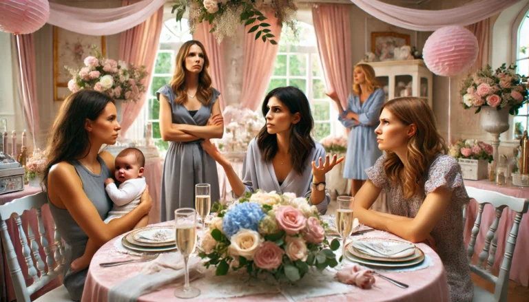 A tense conversation at a bridal shower. The setting is a beautifully decorated room with soft pastel colors, floral arrangements, and elegant table