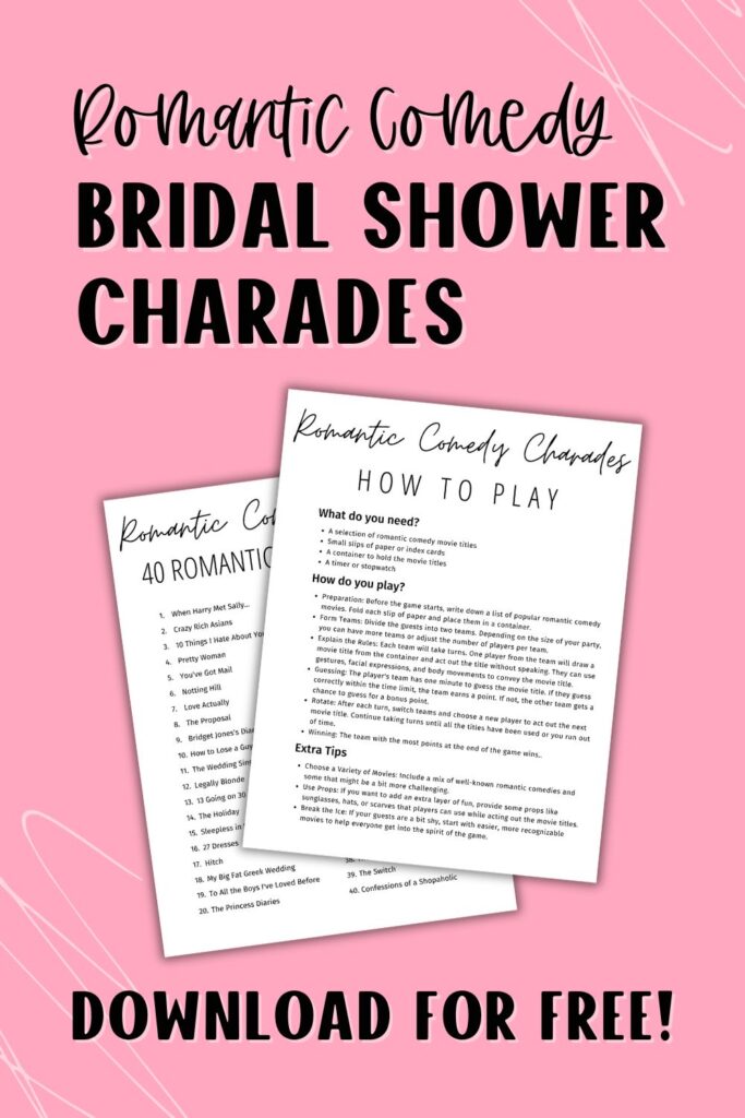 Romantic Comedy Charades for Bridal Shower Pin