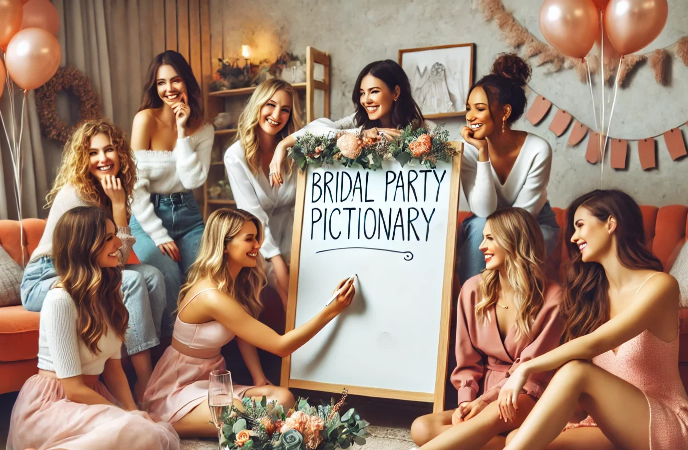 A lively yet simple scene of a bridal shower where 7-8 women are gathered playing Bridal Party Pictionary. The group is around a large whiteboard