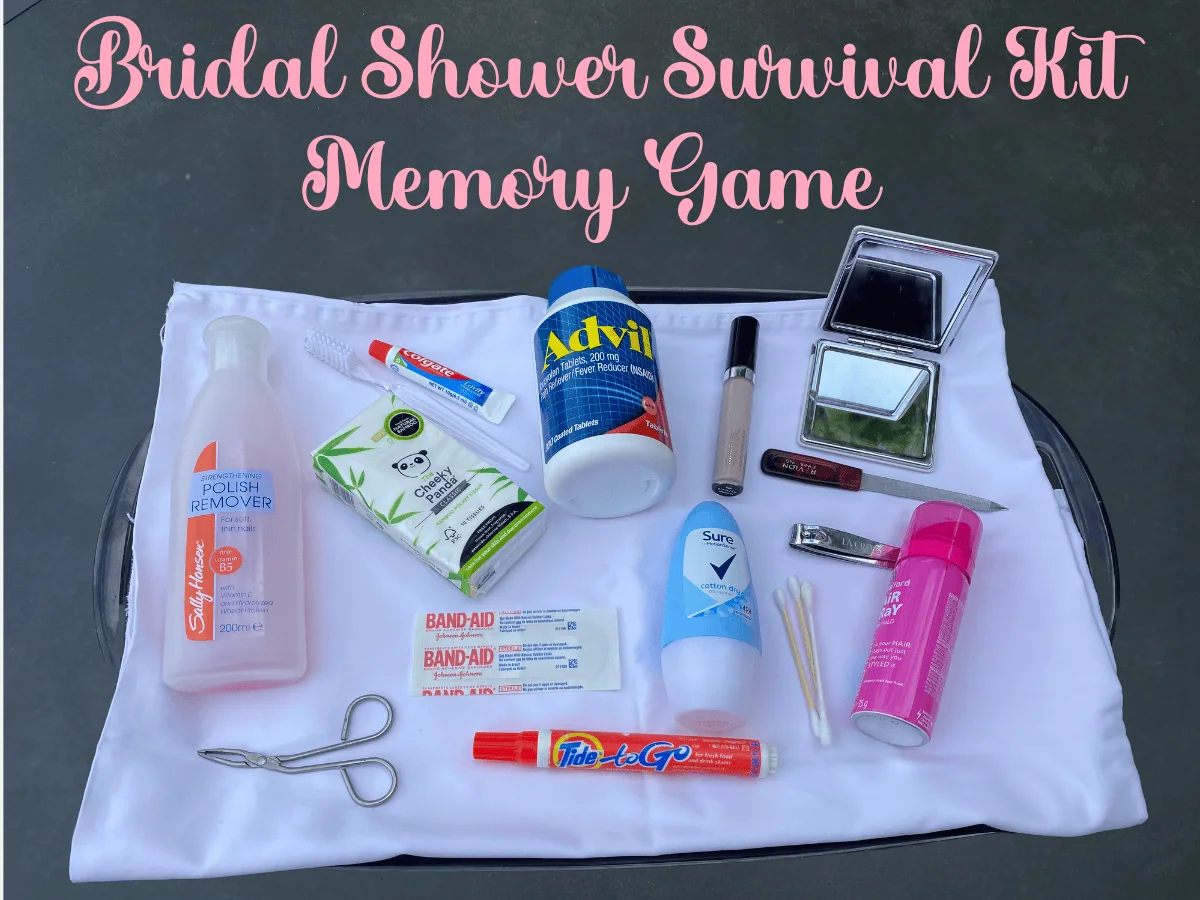 Bridal Shower Memory Game with wedding survival kit items