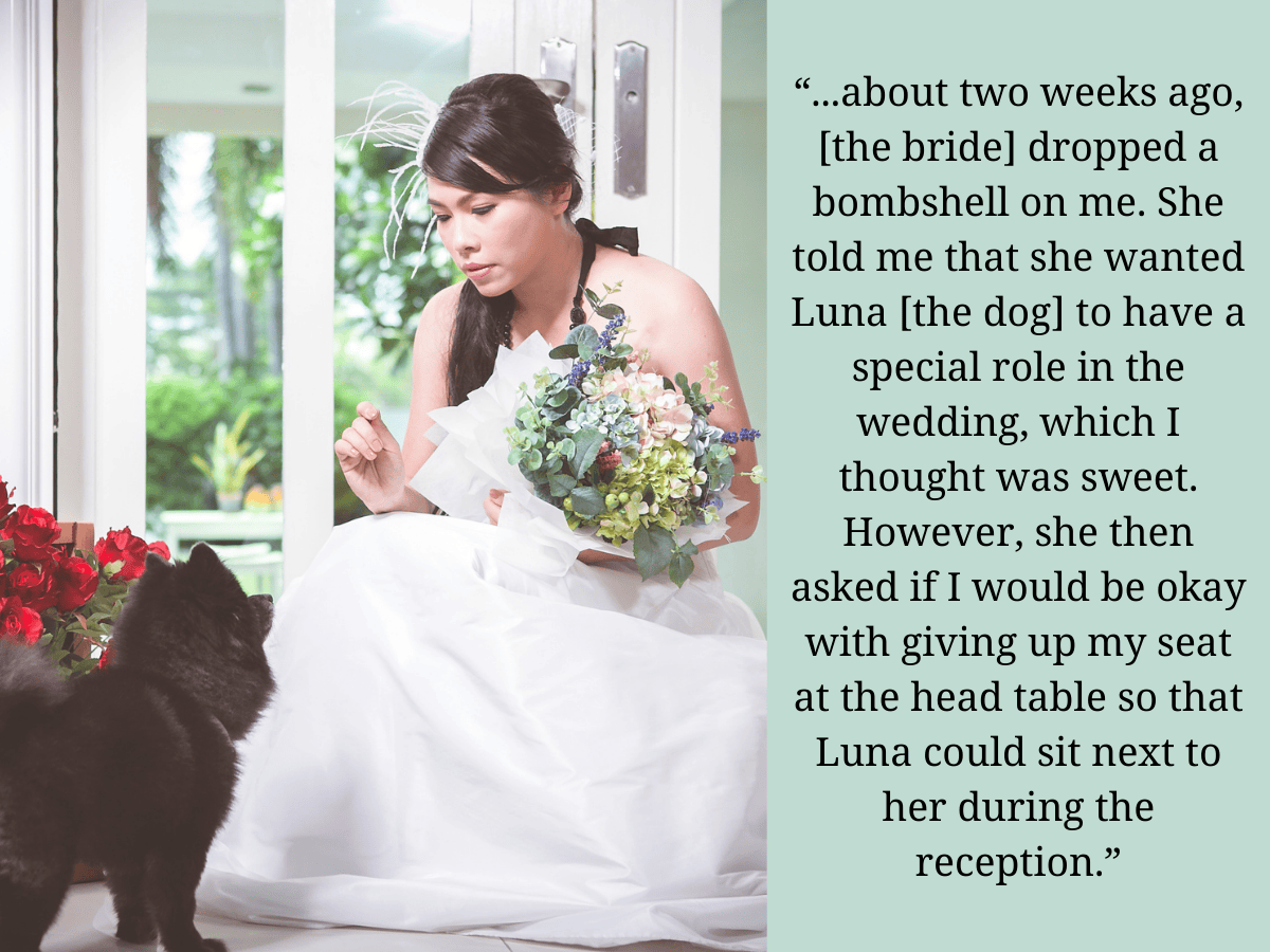 A bride and her dog, who she wants to sit next to her at the head table instead of her maid of honor