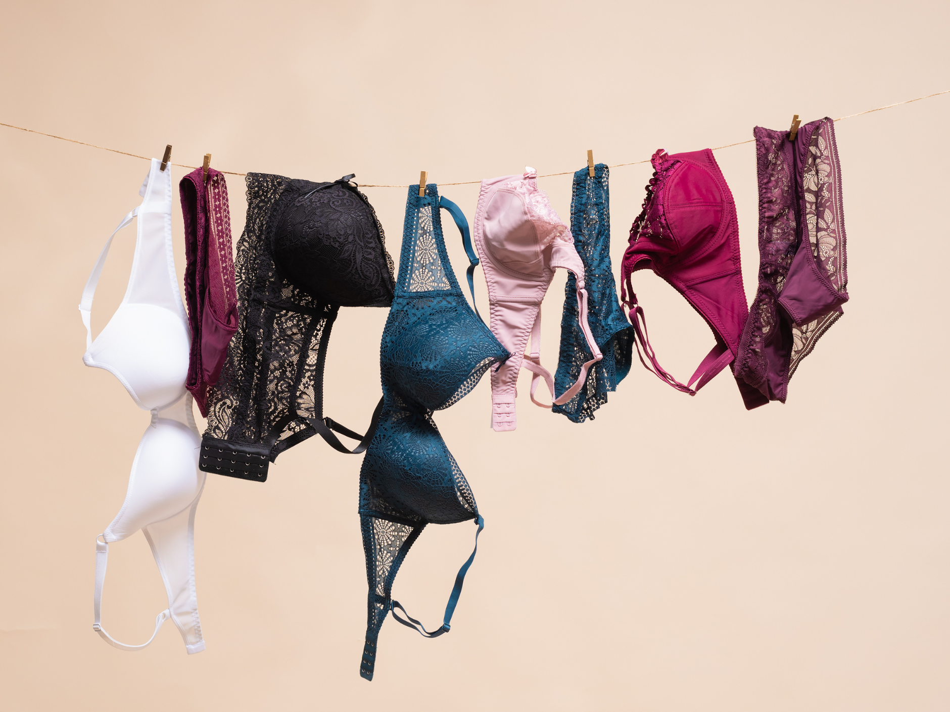 Lingerie hanging on the clothesline for the lingerie game at a bridal shower