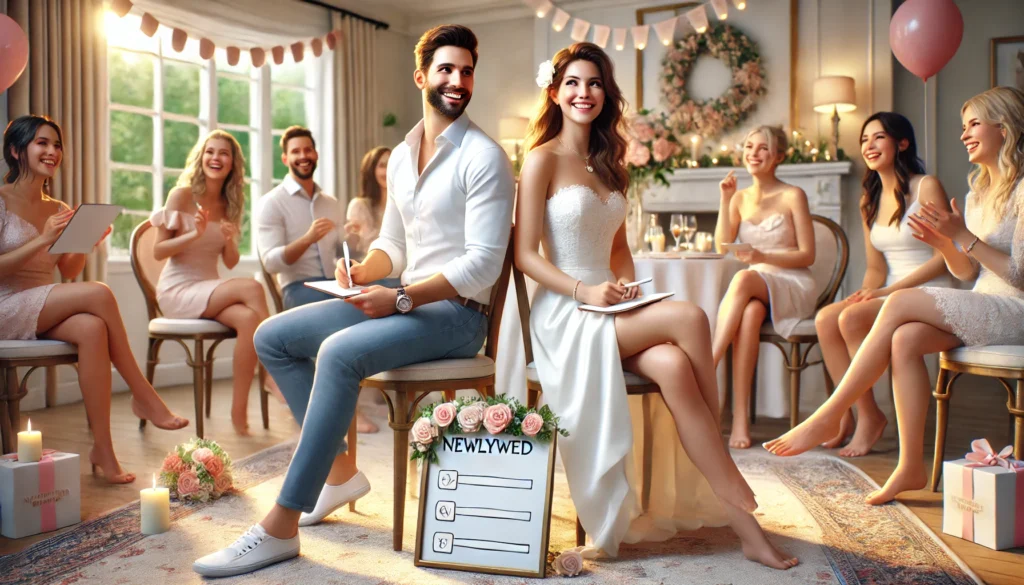 A scene showing a bride and groom playing the Bridal Shower Newlywed Game.