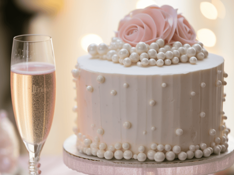 How to Plan a Pearls and Prosecco Bridal Shower theme, with prosecco and a pearl decorated cake