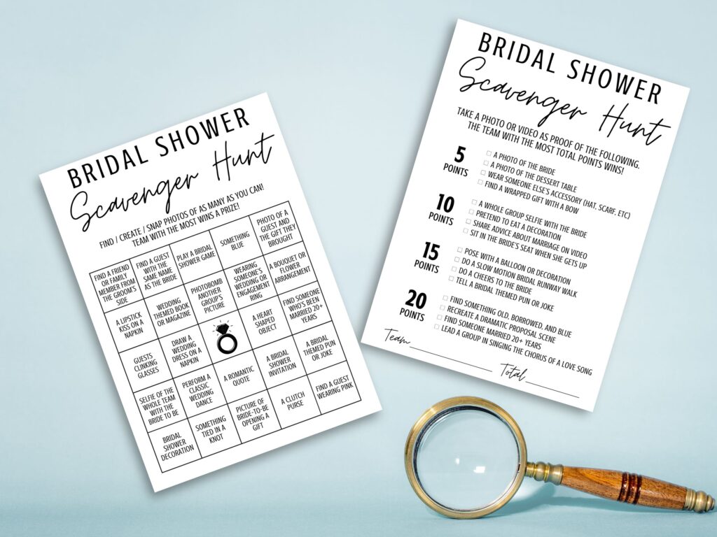 Bridal Shower Scavenger Hunt game showing two different versions of the game, with a magnifying glass