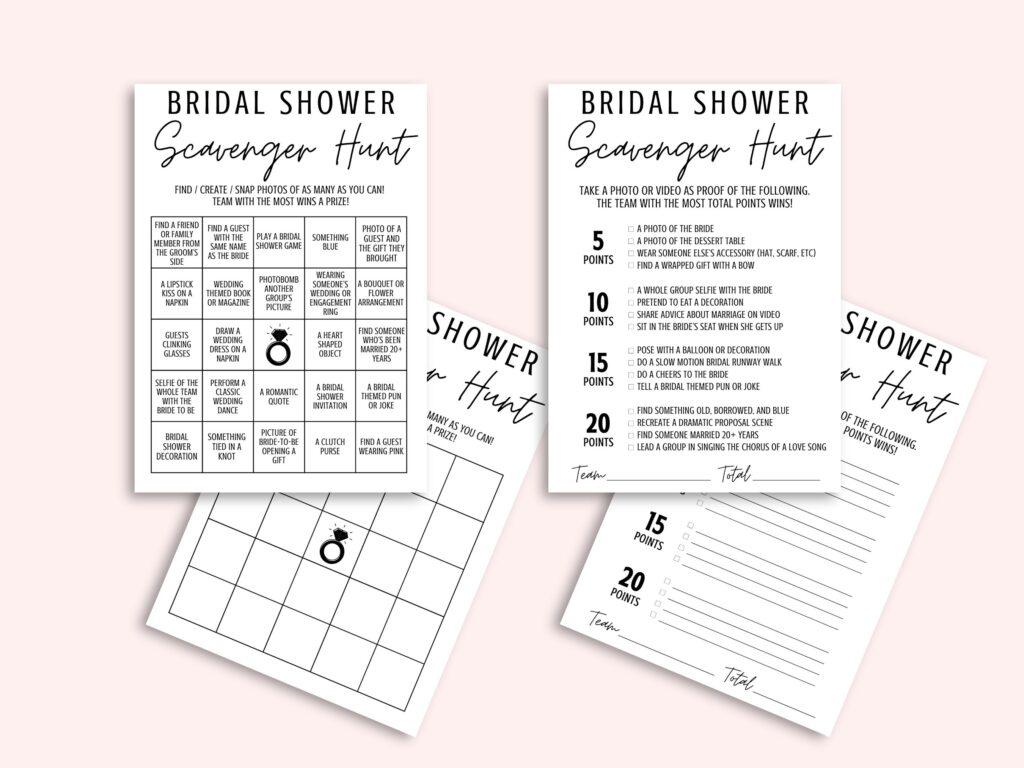 Image of Bridal Shower Scavenger Hunt Free Printables with filled in and blank game cards