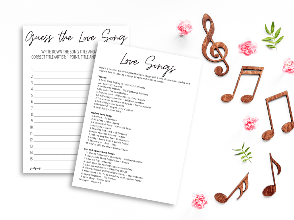 Guess the Love Song Bridal Shower Game and song List Printable