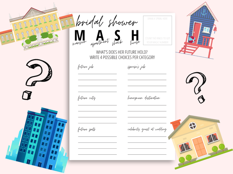 Bridal Shower MASH game. Mansion, Apartment, Shack or House? Fun Printable game