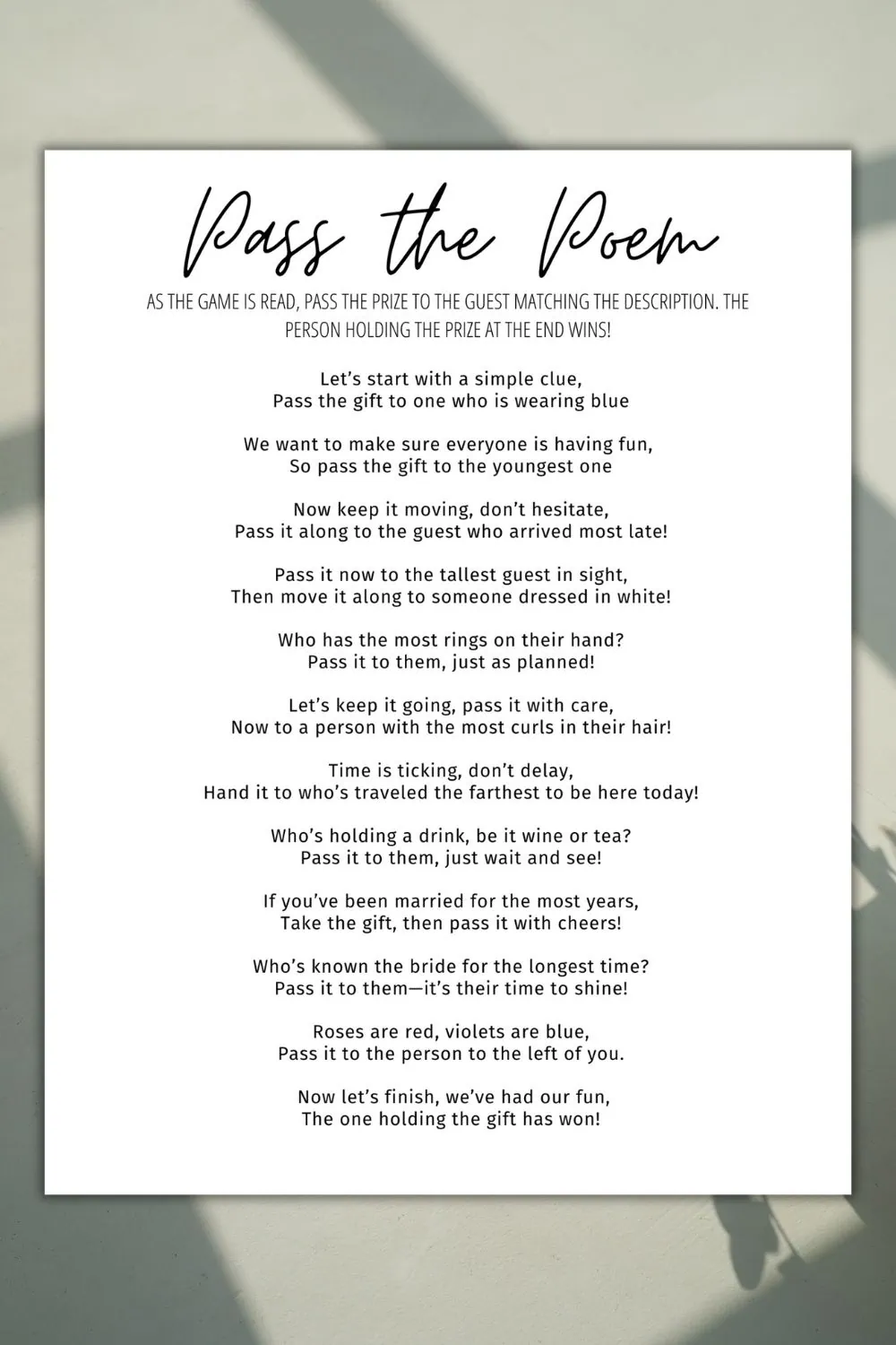 How to Play Pass the Poem Bridal Shower Game + FREE Printable