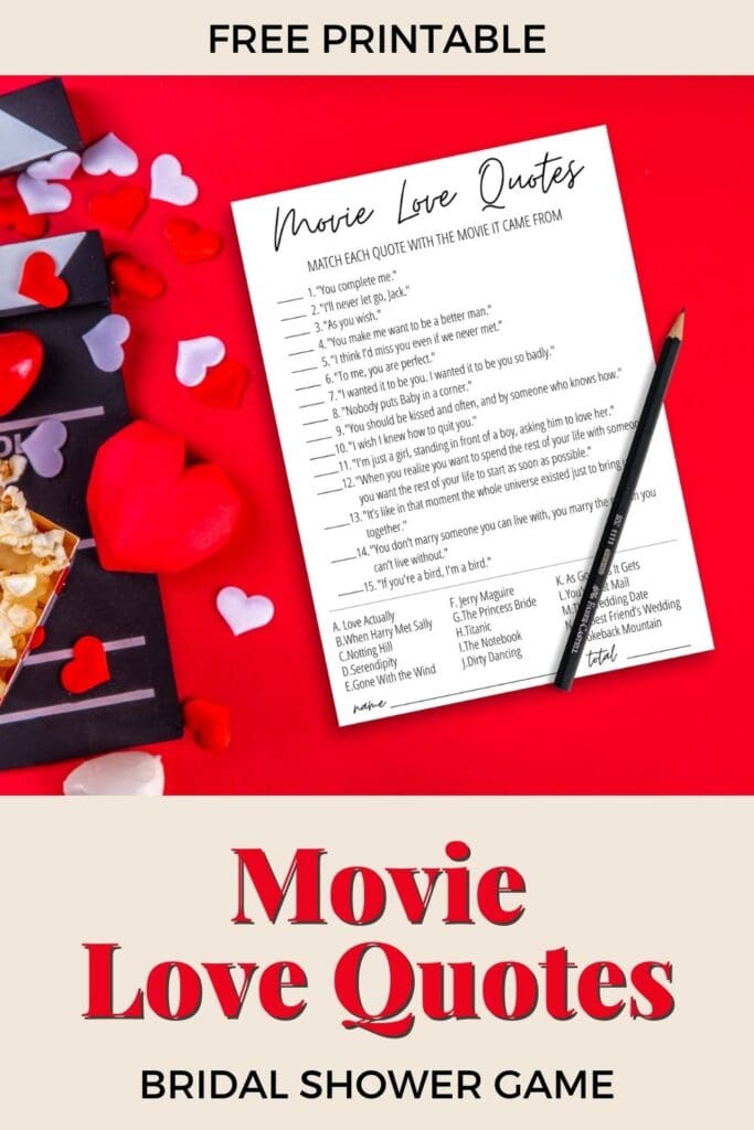 Movie Love Quotes bridal shower game pin