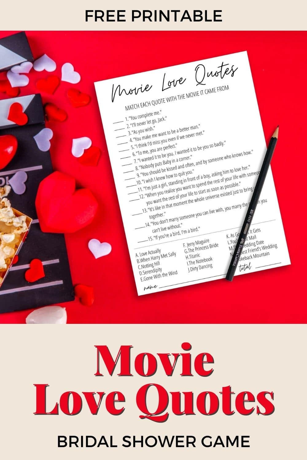 Movie Love Quotes Bridal Shower Game + Free Printable
