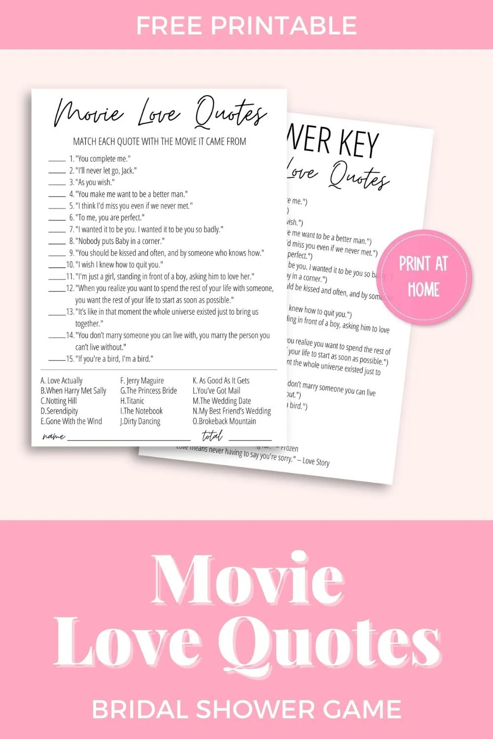Movie Love Quotes Bridal Shower Game + Free Printable