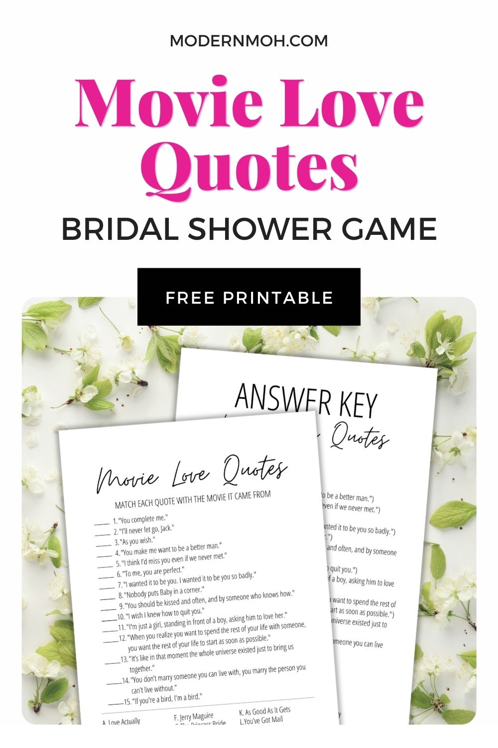 Movie Love Quotes Bridal Shower Game + Free Printable