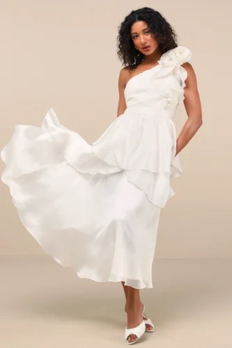 Ivory Ruffled One-Shoulder Dress