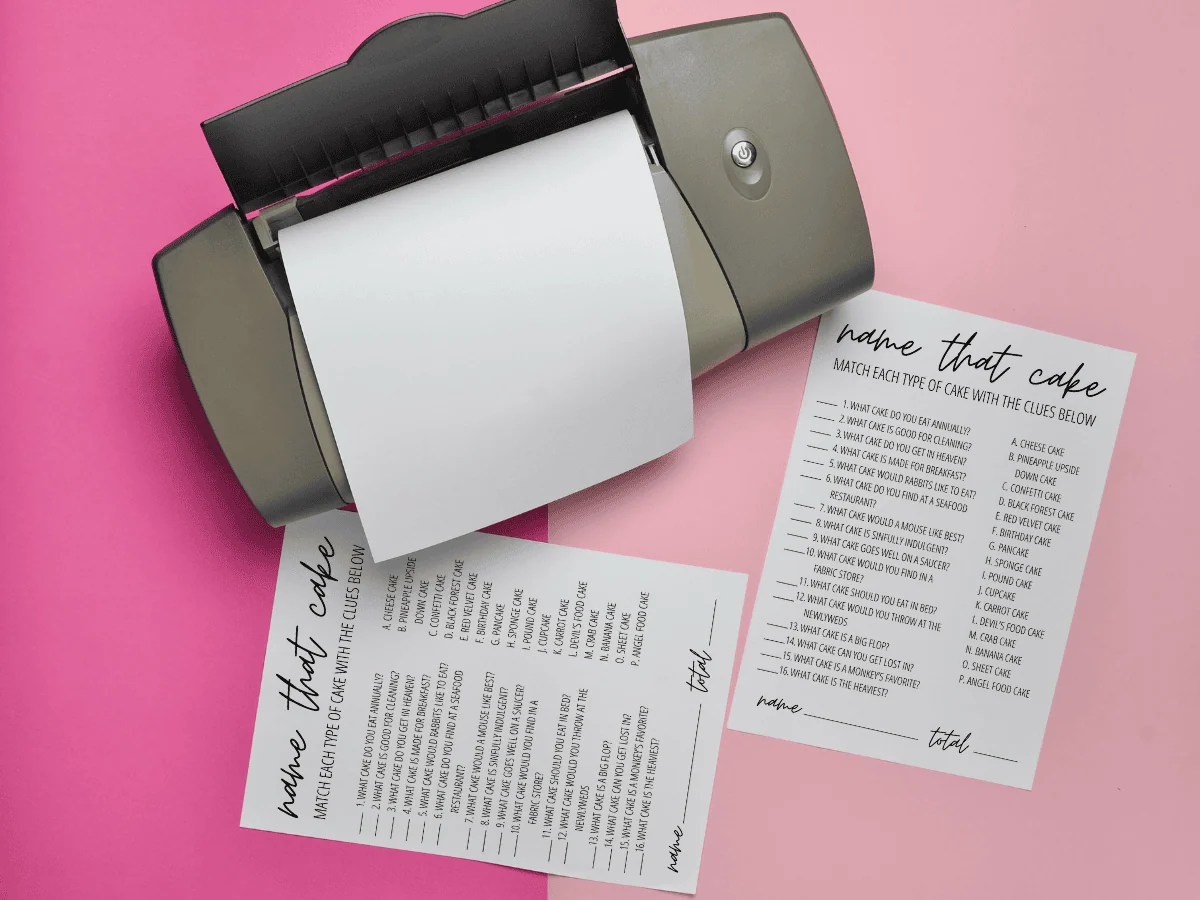 Printable Bridal shower games featured image, showing printer and printed Name That Cake game