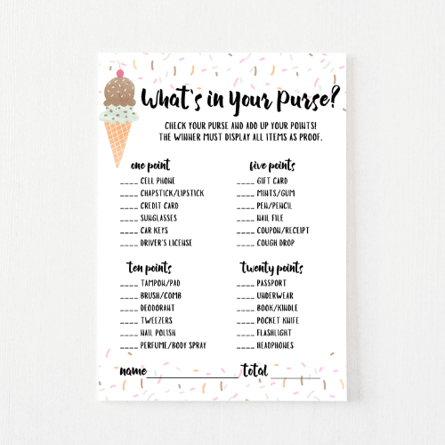 What's in Your Purse Cards (Ice Cream)