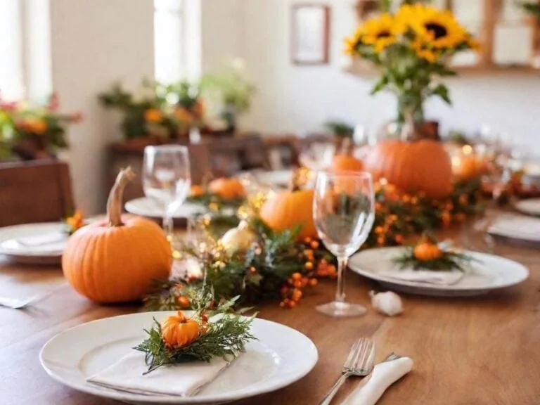 Pumpkin and autumn themed decorations on a table at a fall bridal shower venue