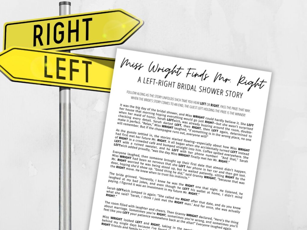 Left-right game, a fun, printable story game for bridal shower