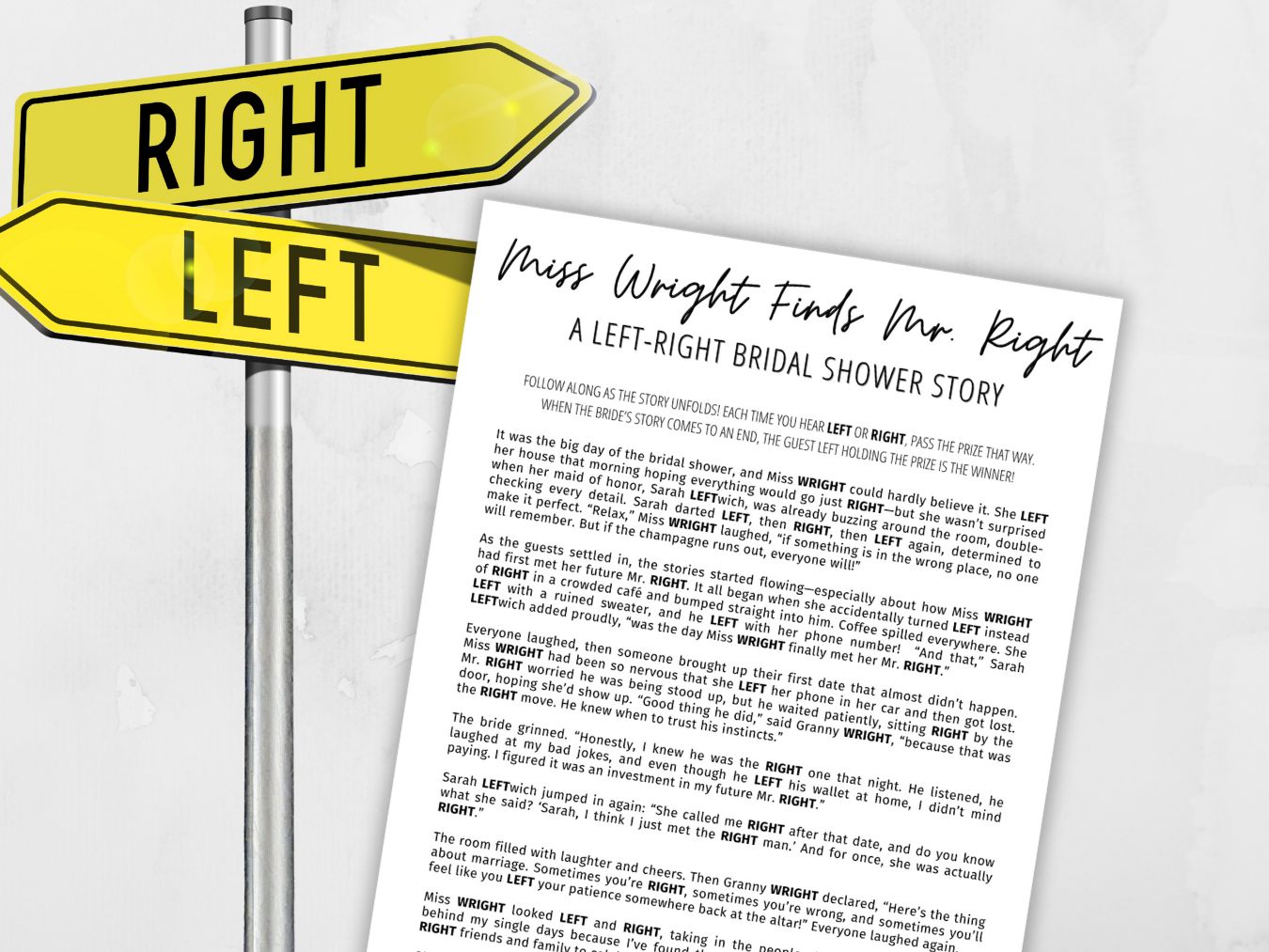 Left-right game, a fun, printable story game for bridal shower