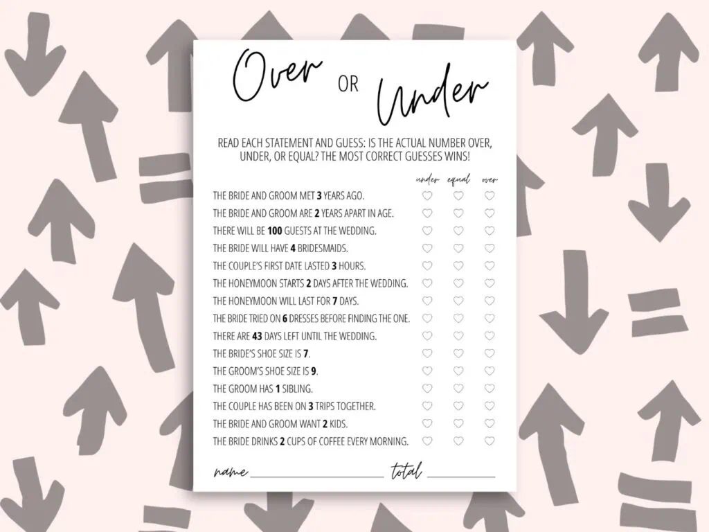 Over or Under Bridal Shower Game