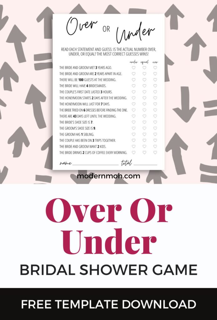 Over or under bridal shower game pin