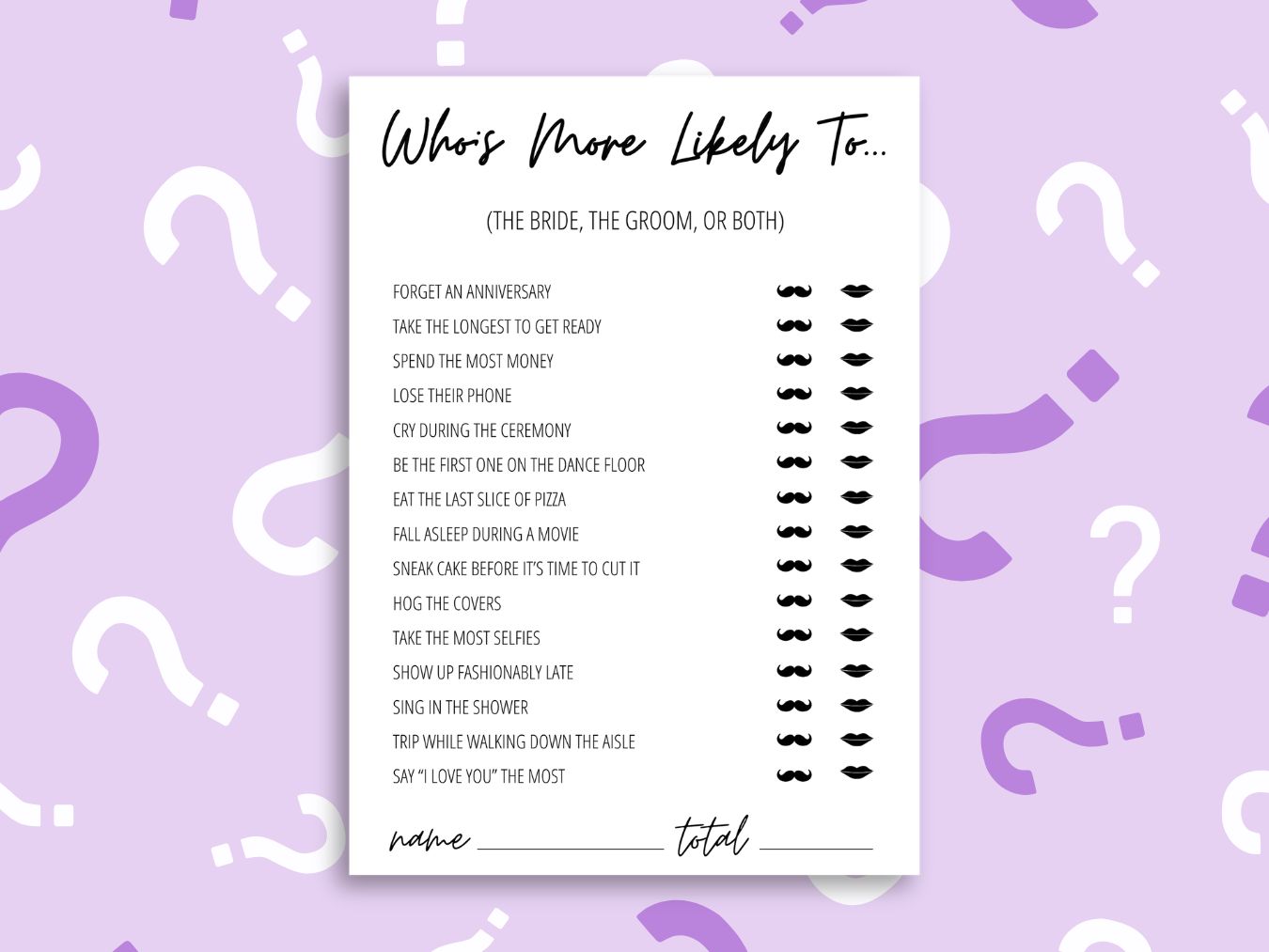 Who's more likely bridal shower game with purple question mark background