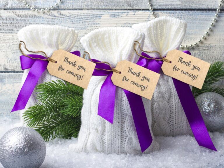 Image showing winter bridal shower favors in knit bags with seasonal decor