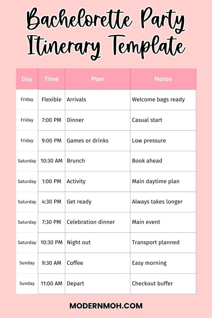 Bachelorette Party Itinerary Template