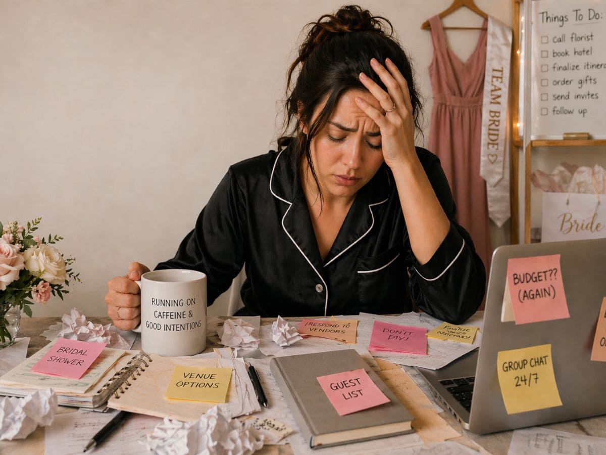 Maid of Honor Burnout featured image showing a stressed MOH overwhelmed with tasks