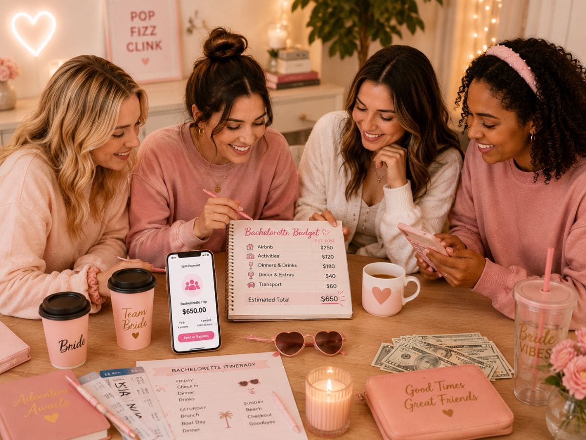 Collect Money for a Bachelorette Party featured image showing group of bridesmaids planning bachelorette party budget