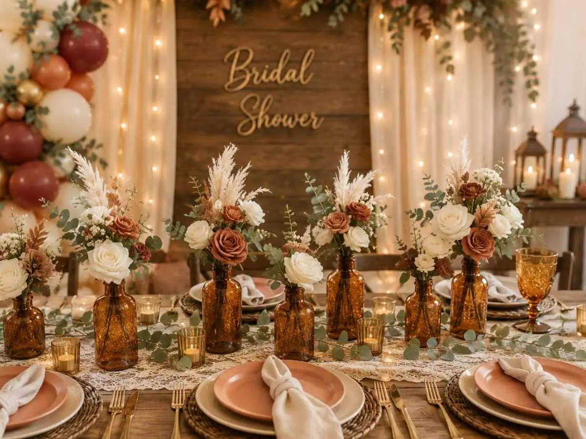 Fall Bridal Shower Decorations featured image showing florals, lighting and table settings