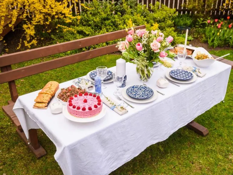 Bridal Shower on a Budget featured image showing a simple food table in the back garden
