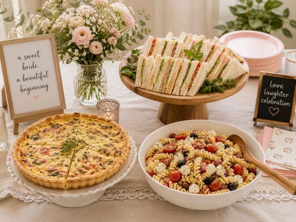 Simple food table with quiche, sandwiches and pasta salad