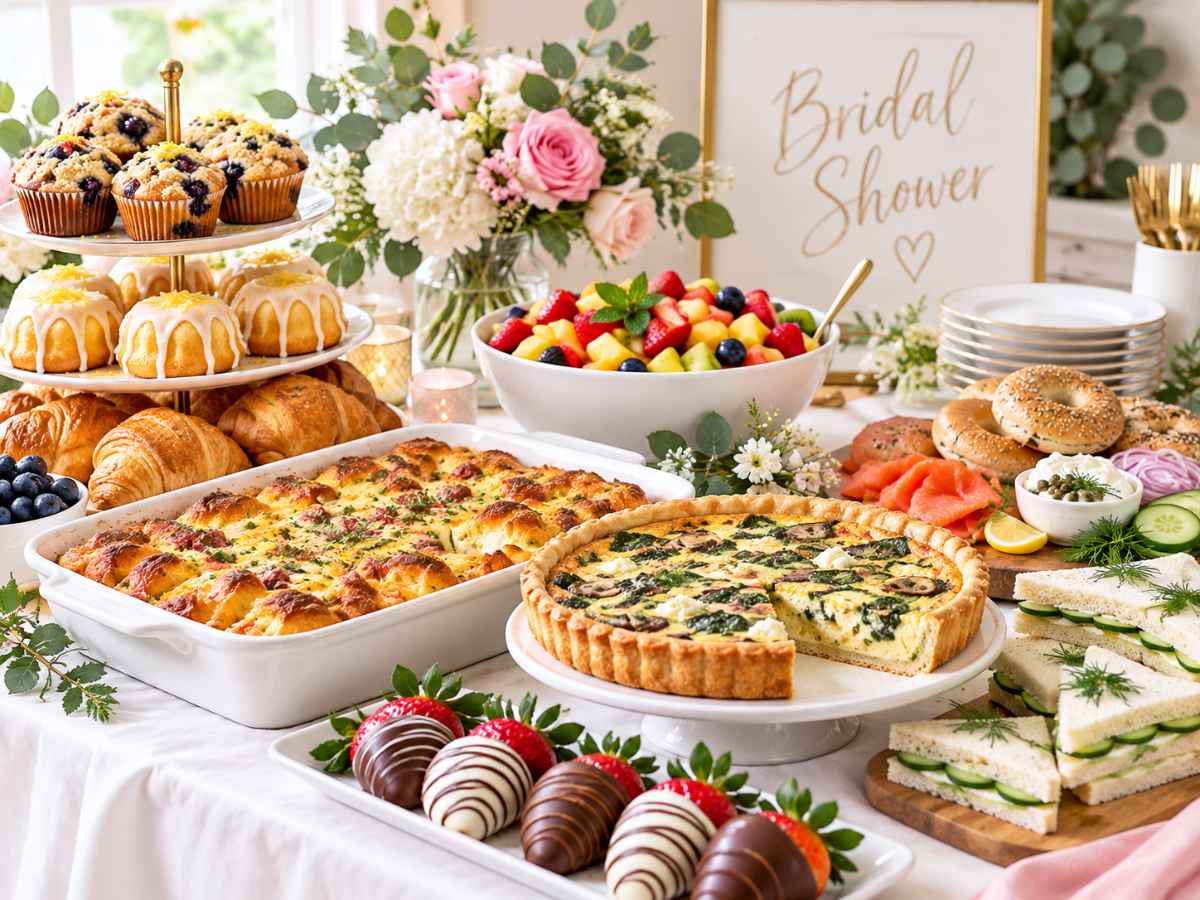 Elegant bridal shower brunch food ideas buffet featuring quiche, breakfast casserole, muffins, pastries, fresh fruit, finger sandwiches, and desserts with pink floral decorations.