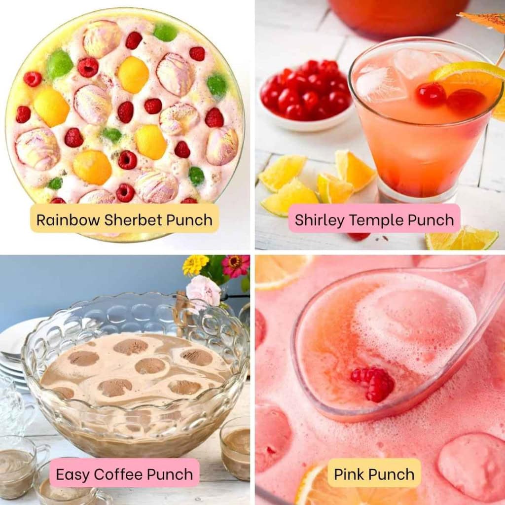 Collage of drinks; rainbow sherbet, pink punch, shirley temple, and easy coffee punch