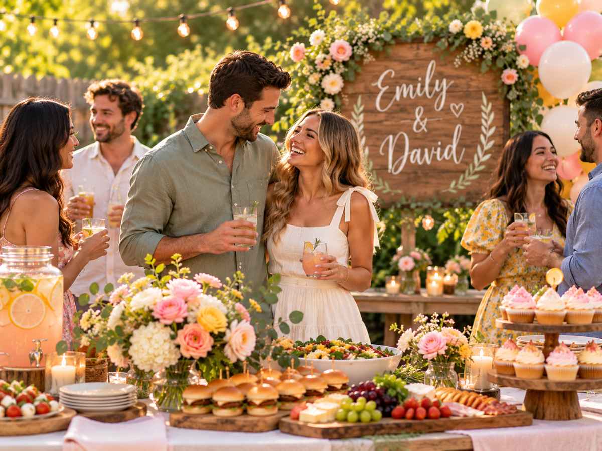 Couples Shower Ideas featured image showing a bride and groom to be at a wedding shower in front of a food table