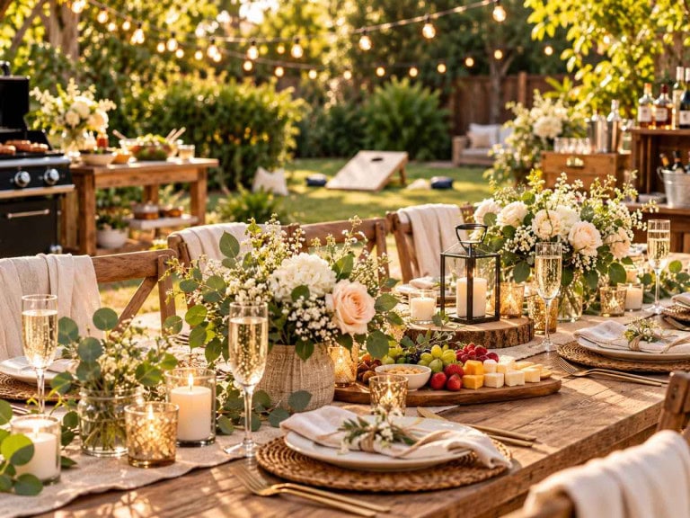 Couples shower themes featured image showing a set table in a garden with cornhole and barbecue in the background