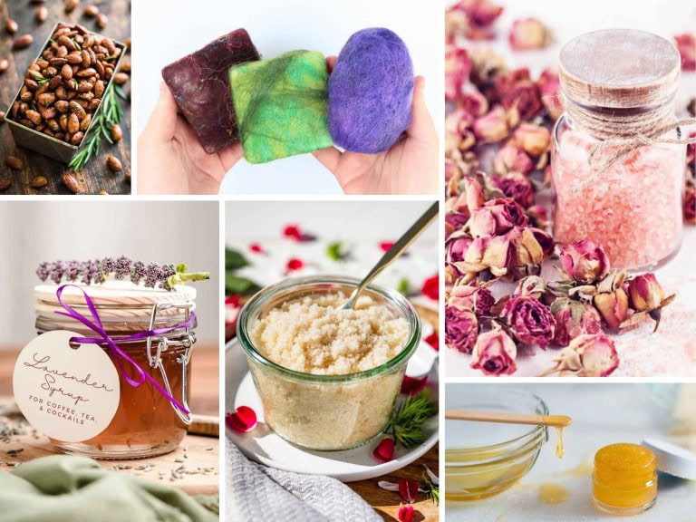 DIY bridal shower favors featured image with 6 different homemade favor ideas.
