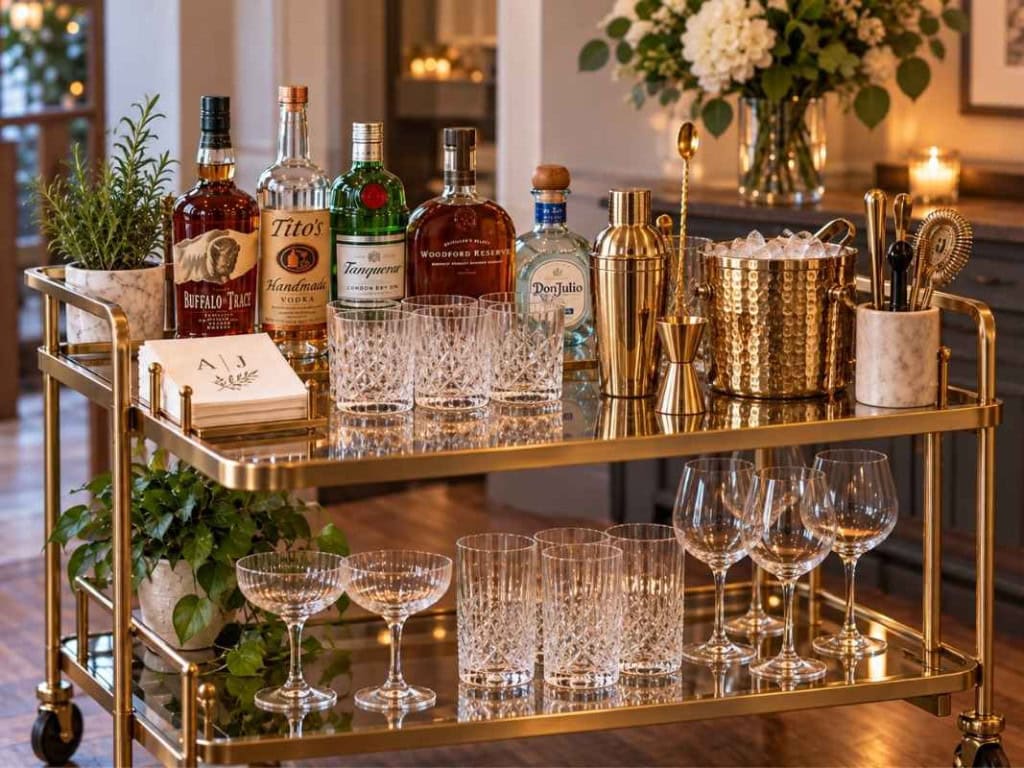 Luxury Brass Bar Cart set for a couples wedding shower