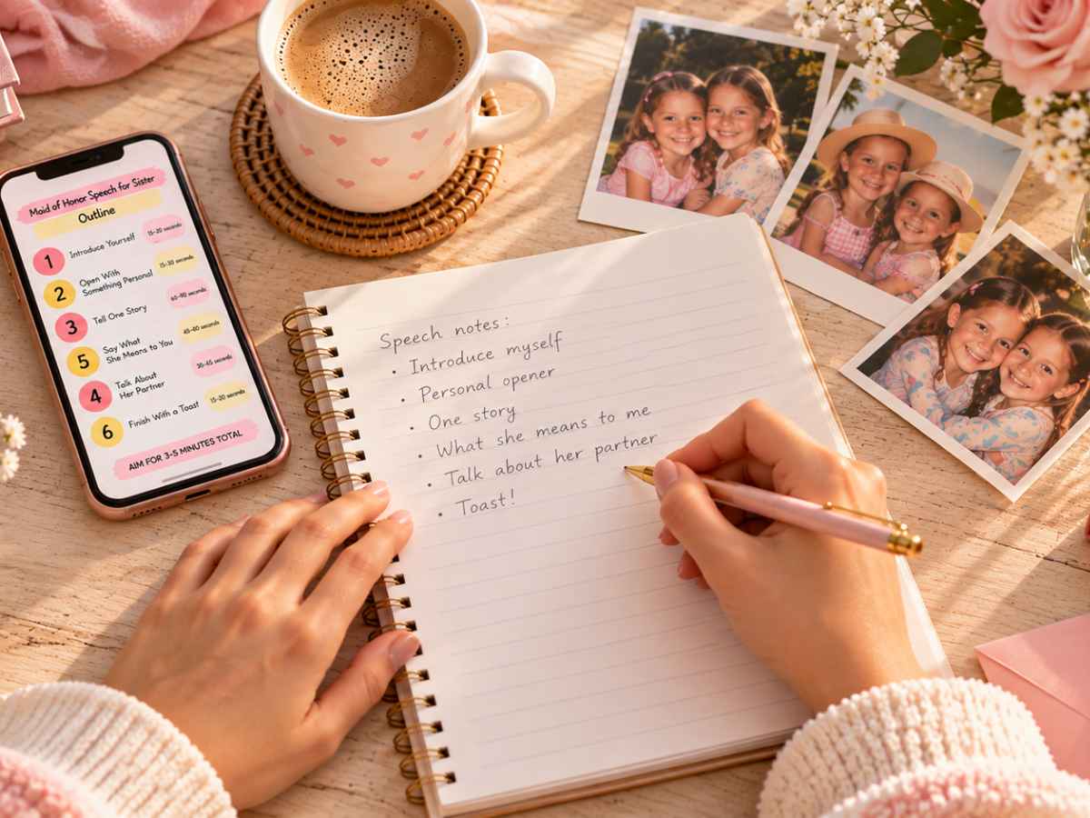 Maid of Honor Speech for Sister featured image showing someone with a notebook and checklist writing down ideas for a MOH speech